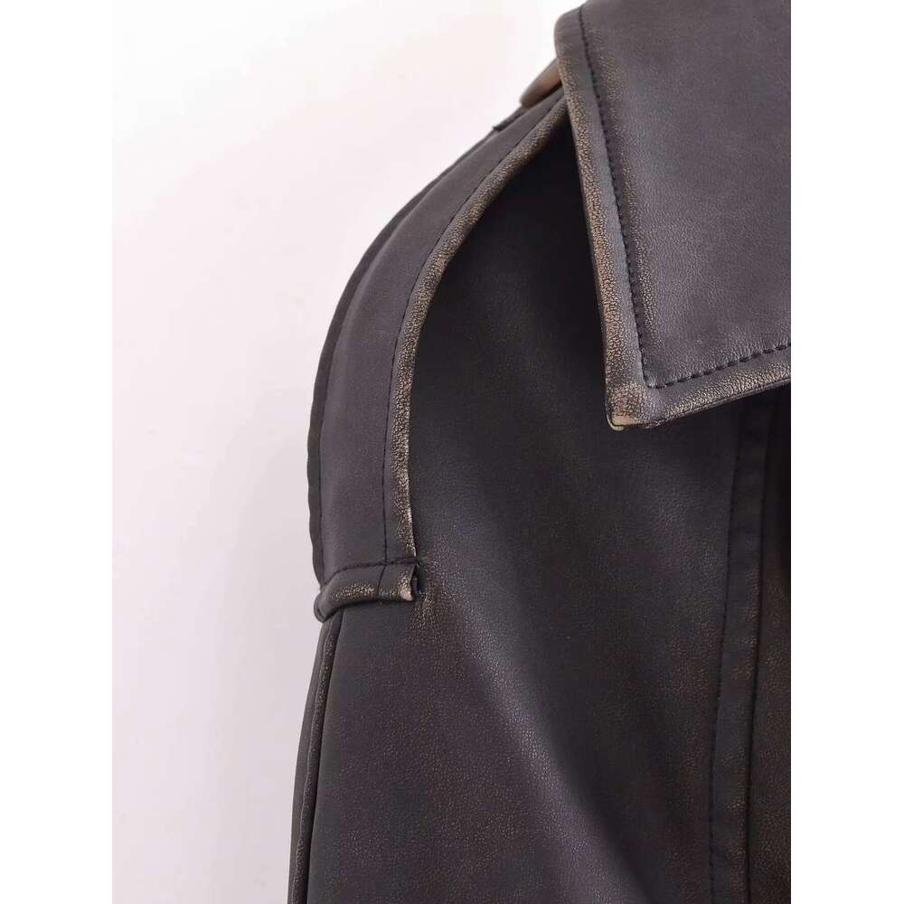 shanshi leather jacket women Fashionable French style women's clothing with vintage washed faux leather buckle long windbreaker belt