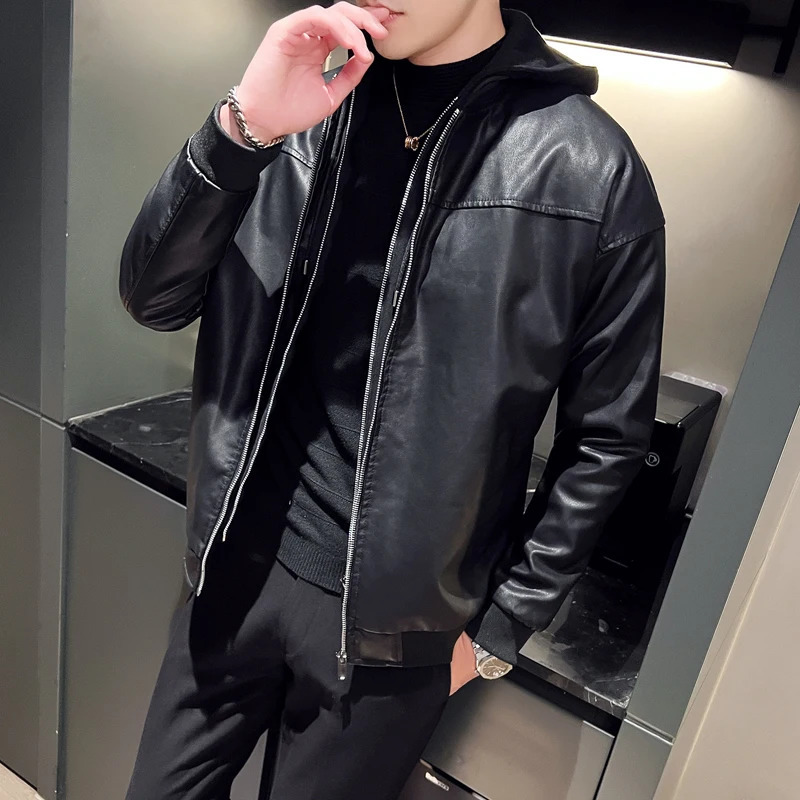 Man Fake Two Motorcycle Leather Jackets Fashion Hooded Jacket Fabric Soft Version Loose 241108