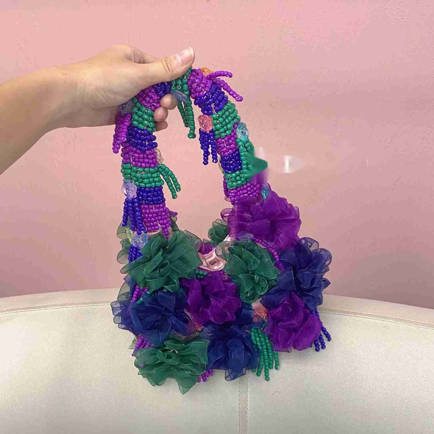 Purple fashion flower bead art niche design ethnic style leisure tourism single shoulder armpit bag 241115