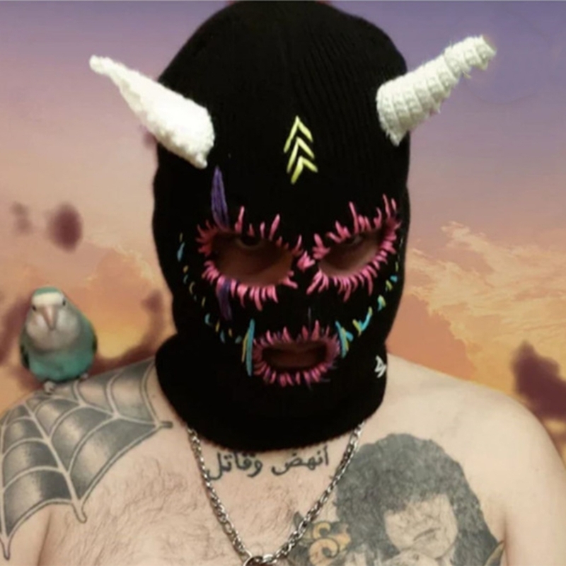 Devil Horns Beanie Knit Hats Halloween Warm Winter Caps Sewed Mouth Scars Design Ski Mask Headwear for Adults Teens