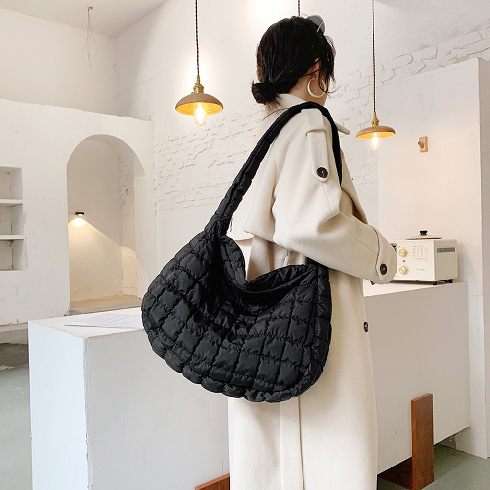Large Capacity Lattice Pattern Shoulder Space Cotton Handbag Women Tote Bags Feather Padded Ladies Quilted Shopper Bag
