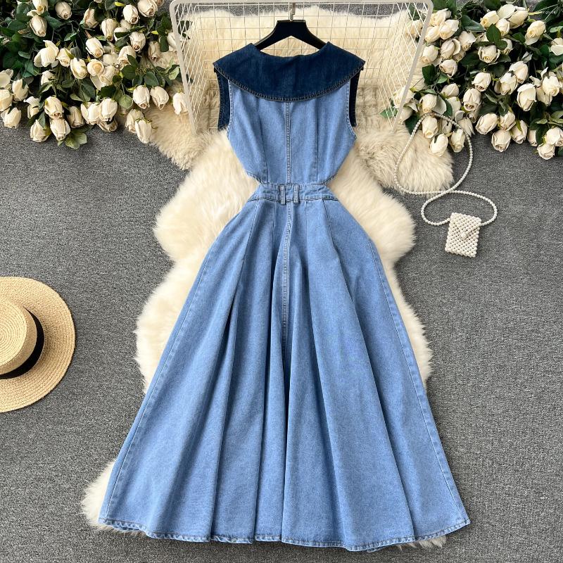 Lanjia- Casual Dresses Designer Denim Dress Women Long Single Breasted Big Turn-Down Collar Waist Slimming Temperament Split A-Line Vestidos 96010