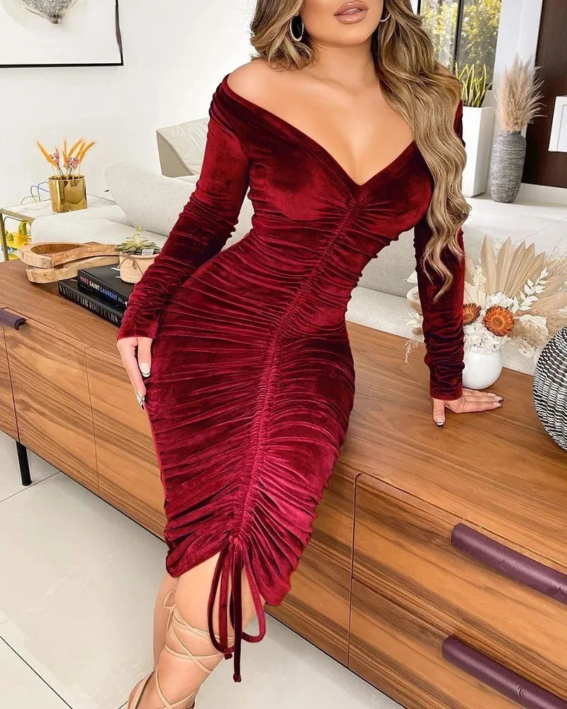 BWQ Women Velvet Drawstring Ruched Up Off Shoulder Long Sleeve Bodycon Midi Dress Sexy Party Club Night Pencil Dresses 241111