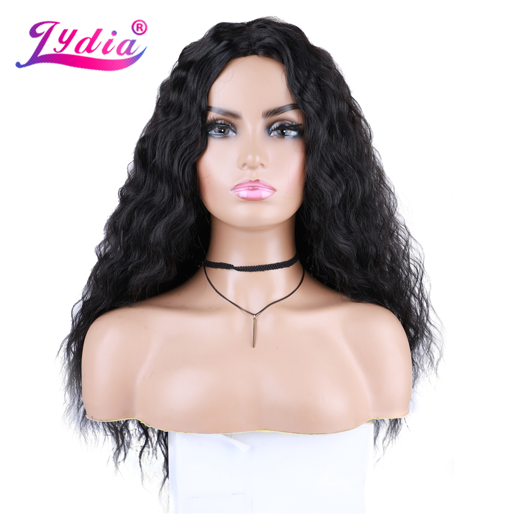 Lydia Long Kinky Curly Synthetic Hair Skin Topper Wig For African American Women Water Wavy Black 20Inch High Temperature