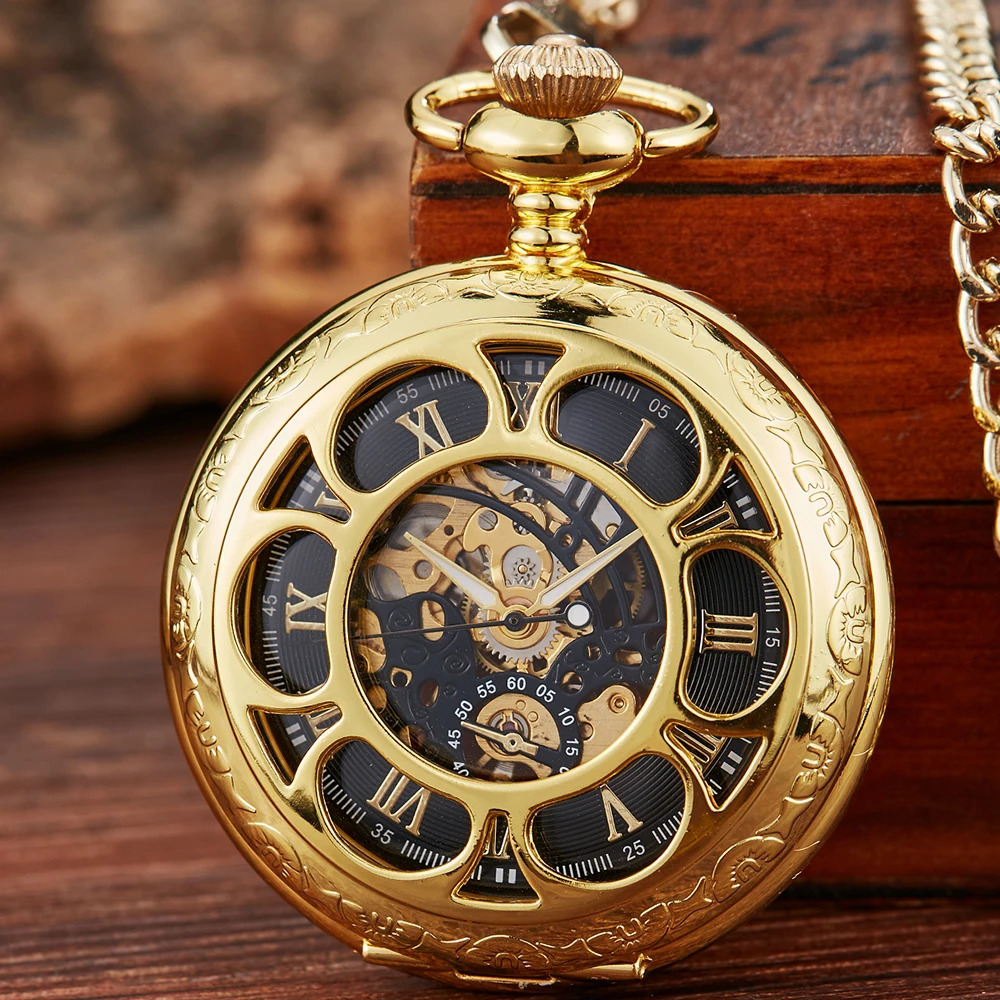 Roman numeral mechanical pocket watch carved silver case steampunk skeleton watch mens Fob chain watch 241108