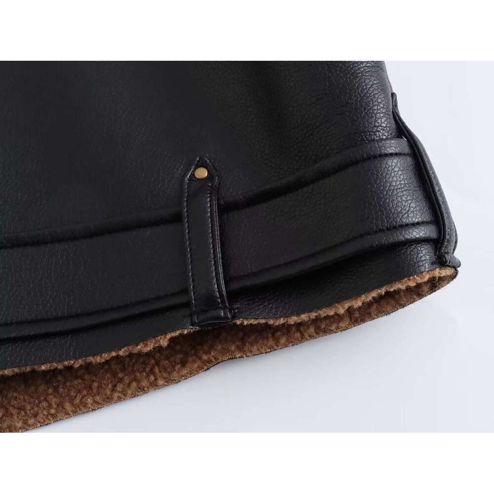 shanshi leather jacket women Women's Autumn New Collection Flip Collar Short and Velvet Motorcycle Leather Jacket
