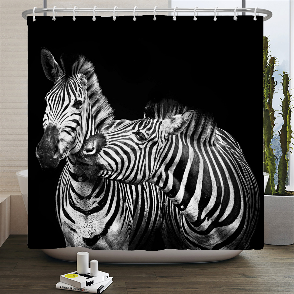 Zebra Animal Bath Shower Curtain Waterproof Polyester Washable Non-Slip Mat Rugs Carpet Toilet Seat Cover Bathing Bathroom Decor