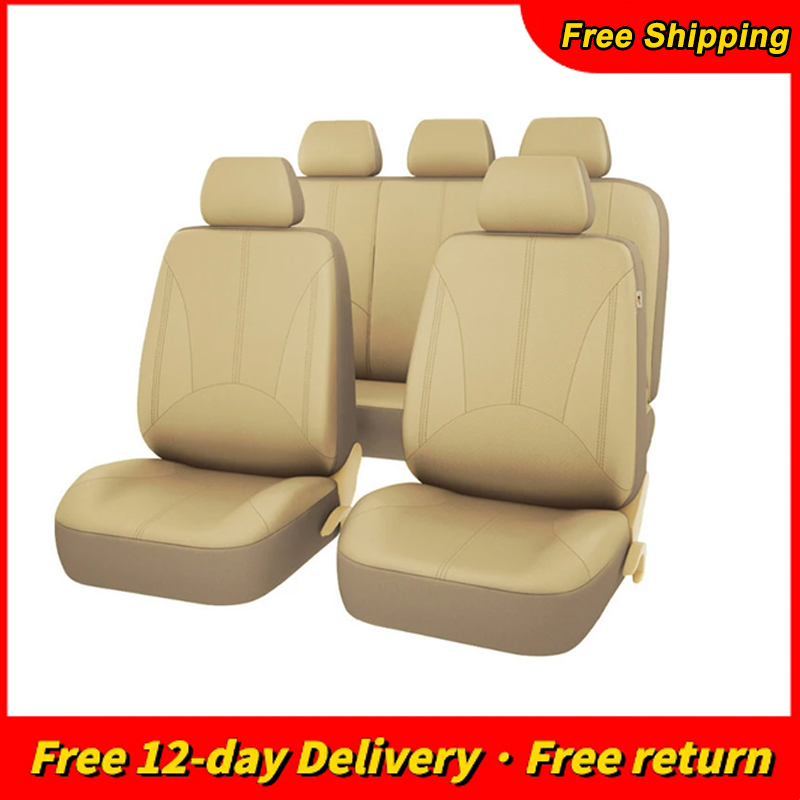9pcs/Set 5 Seater Car Seat Covers PU Leather Front&Rear Bench Seat Protectors Detachable Headrests Universal Seat Covers Beige