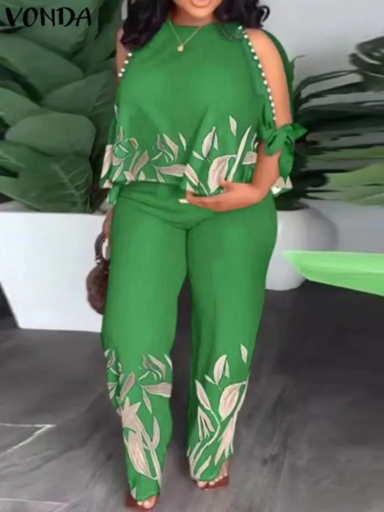 2024 VONDA Women Fashion Pant Sets Summer Cold Shoulder Casual Loose 34 Sleeve Tops Long Pants Vintage Printed Bohemian 241108