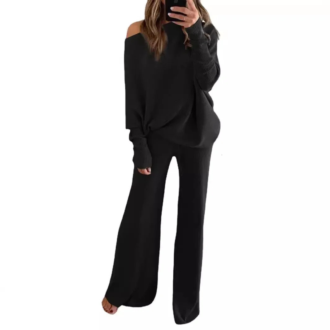 Womens 2pcs Clothes Set Solid Color Round Neck Long Sleeve Casual Top Loose Wide Leg Pants Home Wear 241111