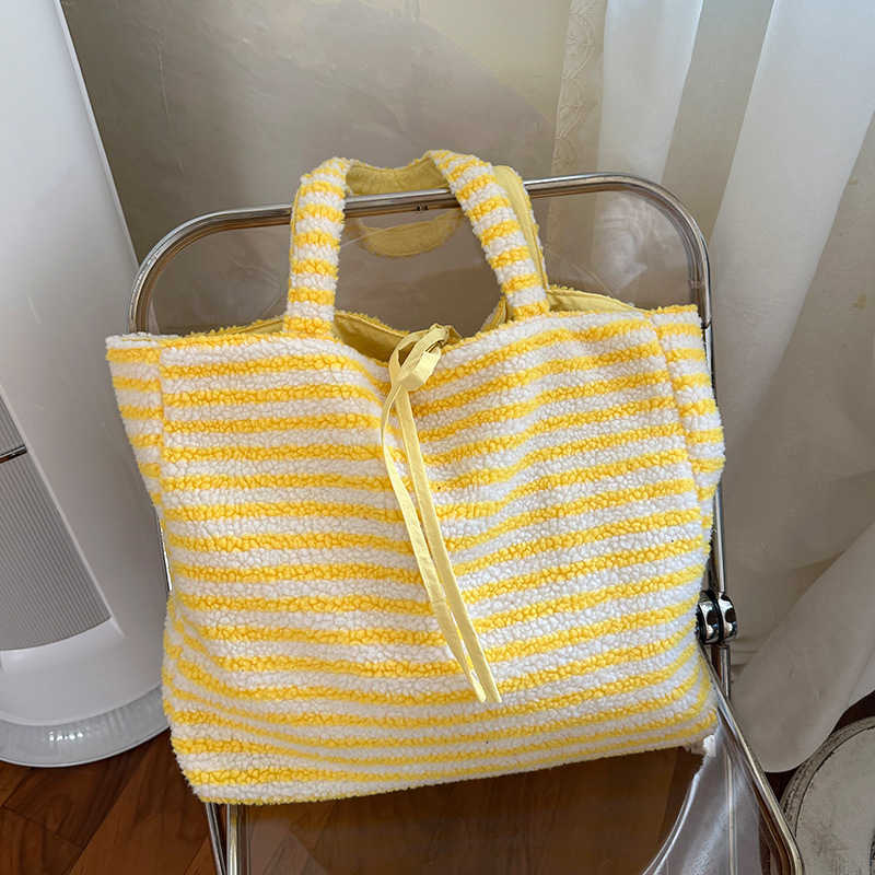 striped plush autumn winter style large capacity simple versatile reversible bag, college style 241115