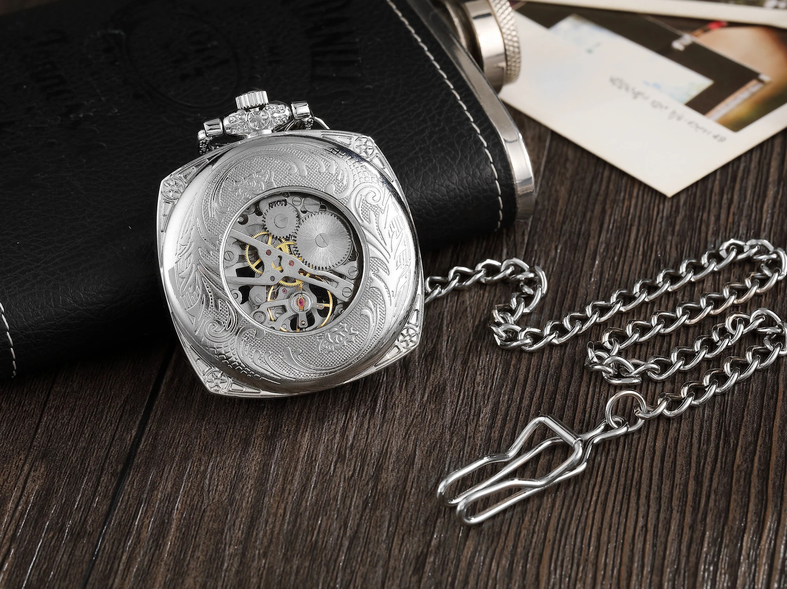 Silver Roman numerals square dial mechanical hand wound pocket watch open elegant retro manual pendant mechanical chronograph 241108