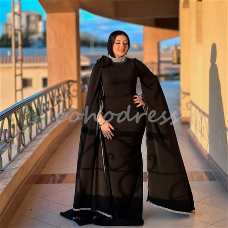 Moroccan Dubai Black Evening Dress With Beaded Sequin Elegant Islamic Muslim Prom Dress Mermaid Formal Party Special Occasion Dress Robe De Mariage Ve