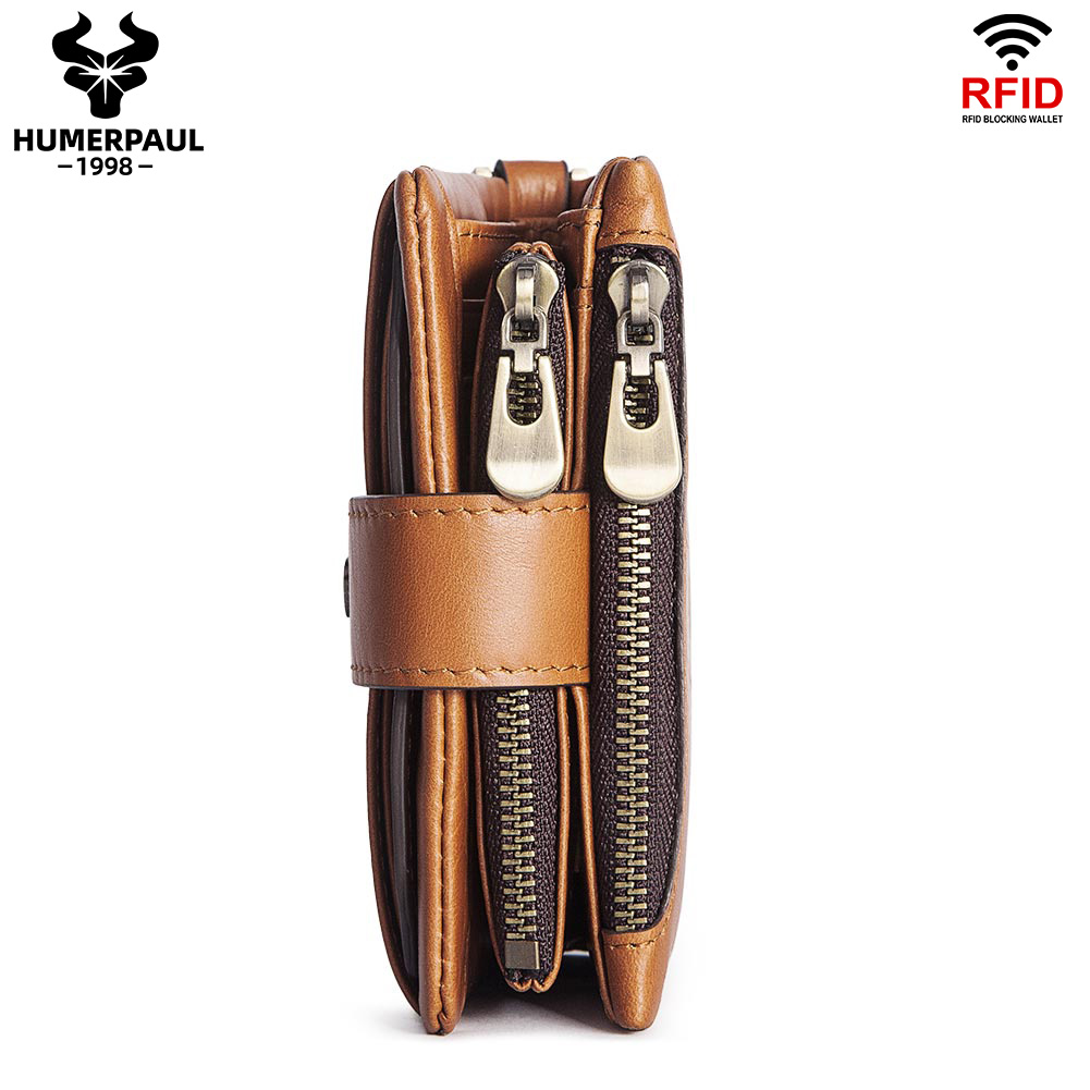 Short Genuine Leather Women Wallet Classical Purse RFID Blocking Card Holder Zipper Coin Pocket For Men With Anti-theft Chain