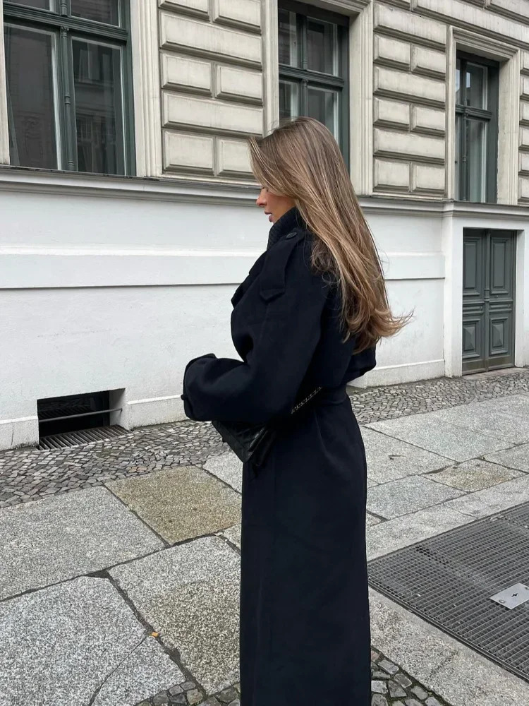 Fashion black wool womens long coat loose double button lapel coat autumn womens high street coat 241111