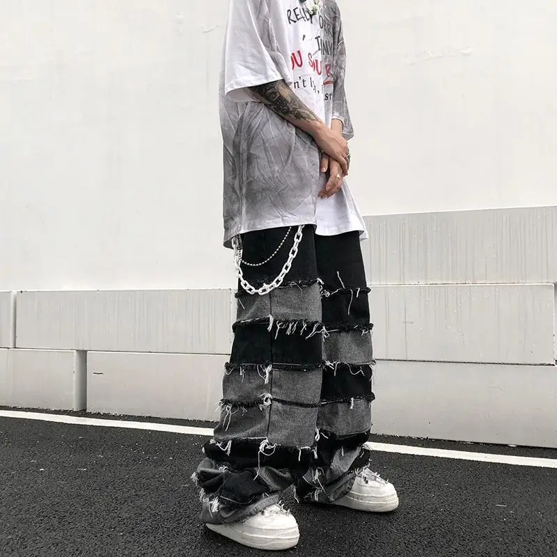Mens oversized retro patch work style hip-hop wide leg denim pants with torn pockets Distressed jeans Y2K Grunge mens streetwear 241108