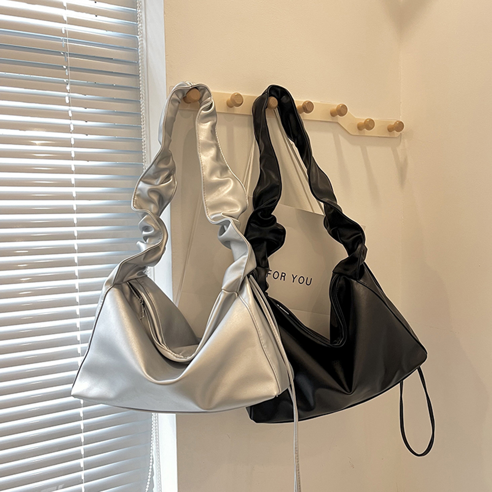 Women Shoulder Bags Pleated Drawstring Fashion Ladies Handbags Personalized Solid Color PU Leather Simple Girls Tote Bag Purse
