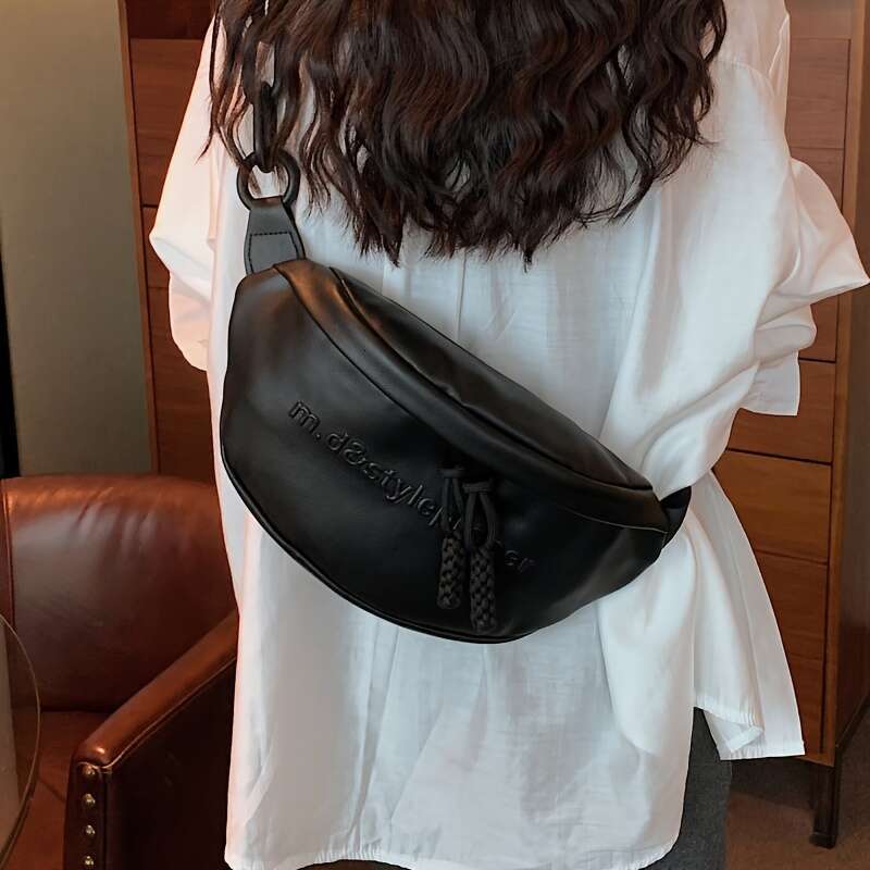 Fashion Trendy Letter Pattern Fanny Pack Crossbody PU Leather Chest Bag with Chain Strap for Street Wear, Casual Day Outings, Music Festivals - Stylis