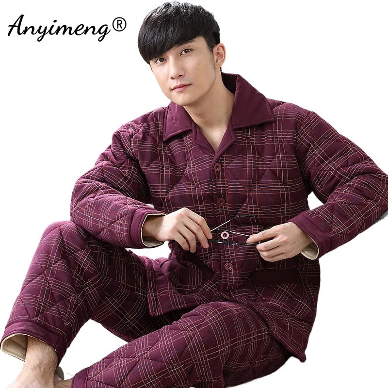 Winter Men Pajama Sets Thick Warm Three Layer Cotton Wine Red Plus Size L3XL Nightwear Man Pijamas 241111