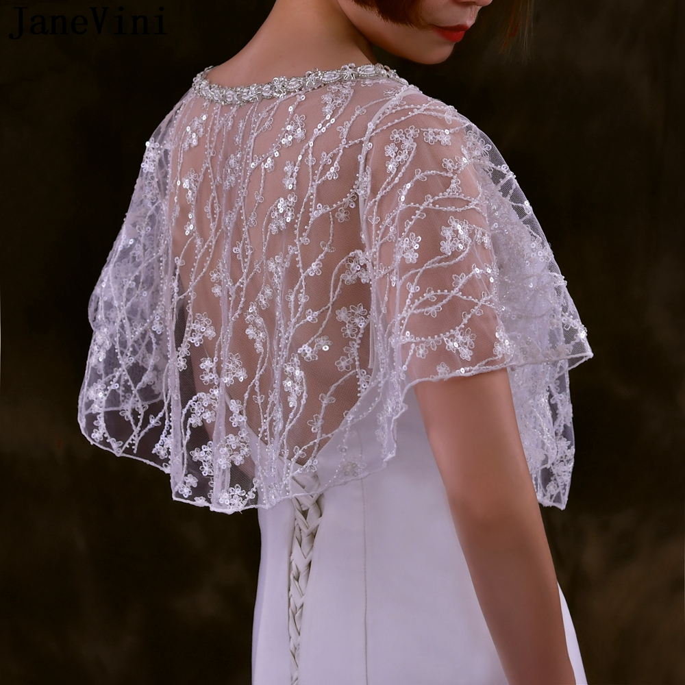JaneVini Luxury Sequined Wedding Shawl Boleros Sparkly Beaded Pearl Bridal Coat Wraps Party Capes Tulle Lace Flowers Jacket Top