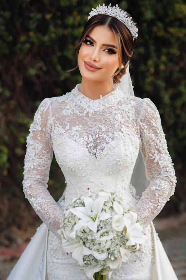 urious Arabic Dubai Lace Mermaid Wedding Dresses With Detachable Skirt Pearls Beaded Long Sleeves Elegant Ivory Bridal Gowns Chapel Train Church Vesti