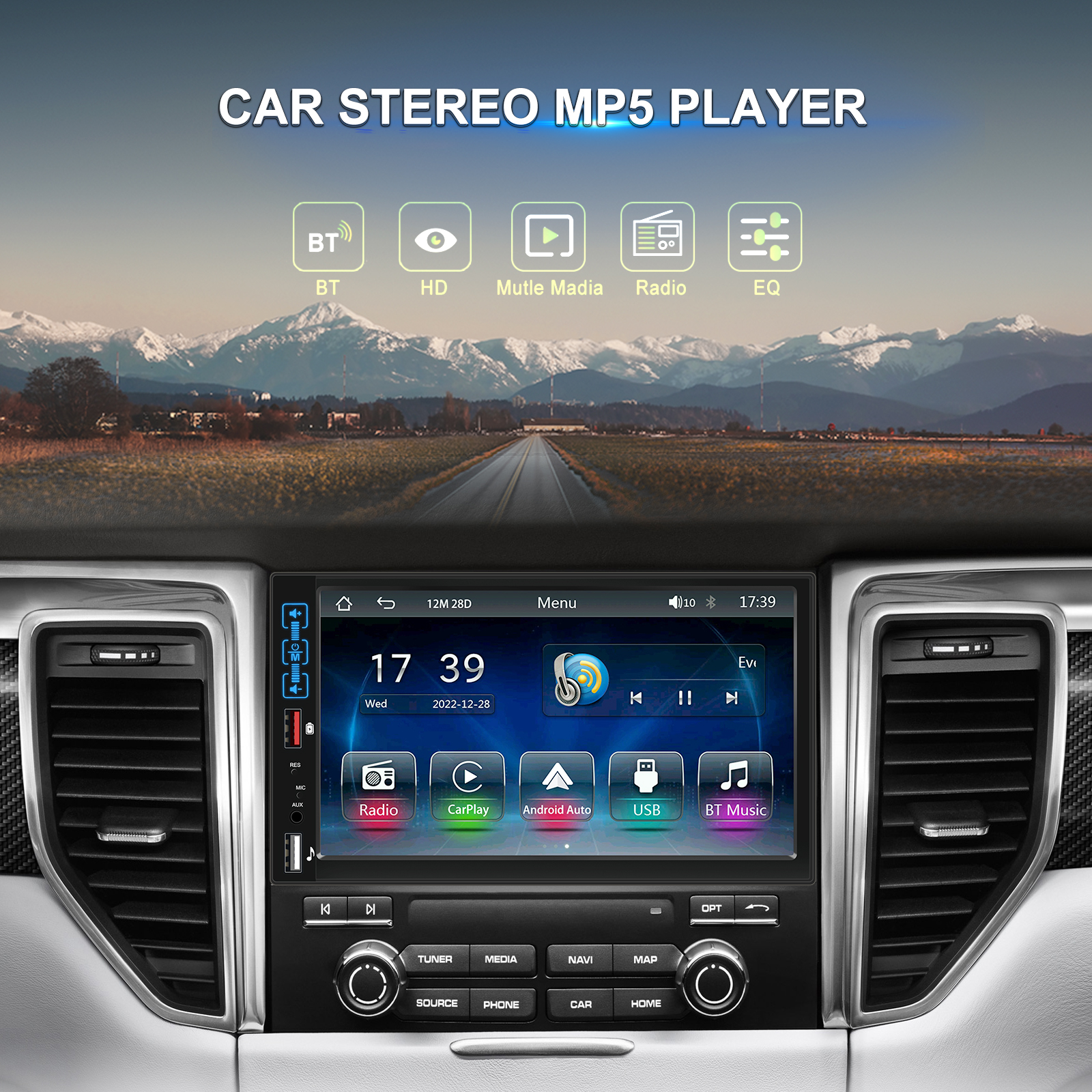 Podofo 7" 1Din Car Radio LCD Multimedia Video Player Bluetooth Mirror Link Carplay Android Auto Rear View Camera Audio Stereo