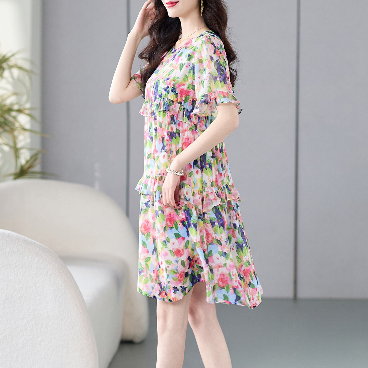 Oc412N75 Customization Top Skirt Silk Women's Autumn Dress High Quality Printed Slim Fit Silkworm Multi Color Loose Waist for Daily Commuting Cas