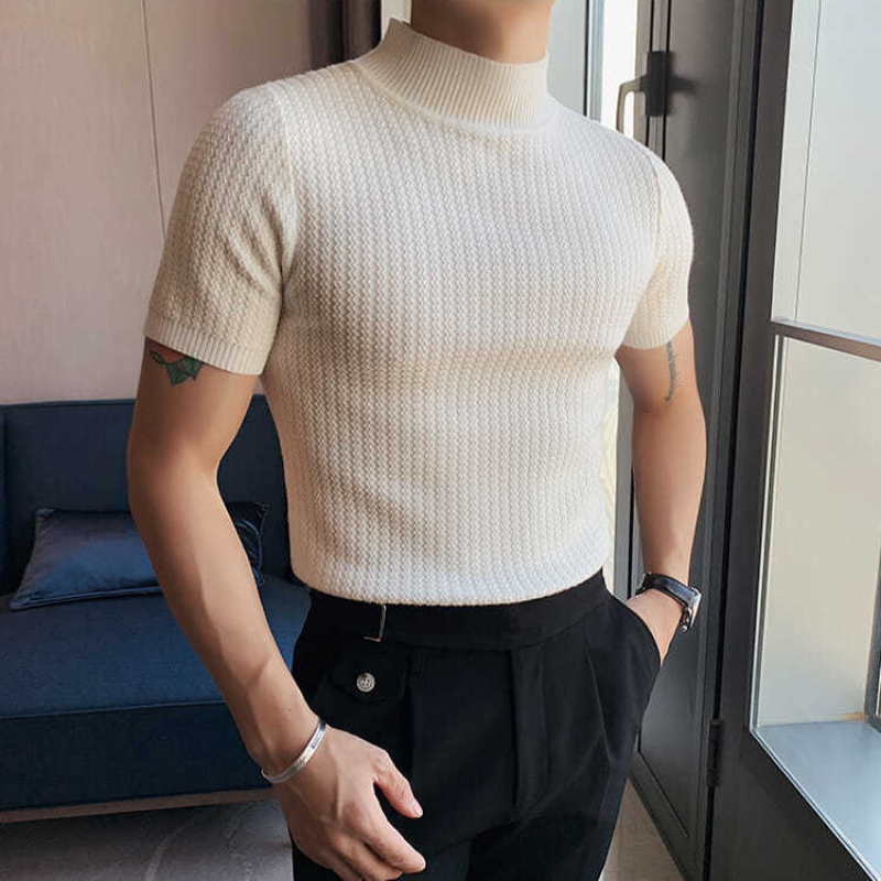2023 Summer New Knitted Short Sleeve Men's T-shirts Slim Fit Pullover Round Neck Solid Color Tee Hemme Harajuku Male Clothes