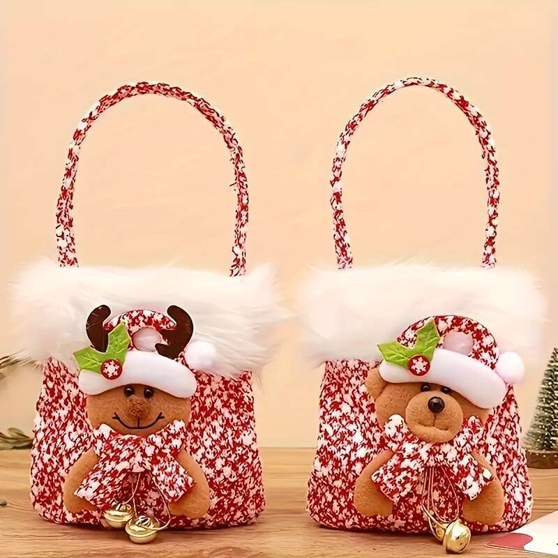 Christmas A set of 4 Christmas-themed plush bags with handles, candy apple Christmas Eve gift bags, Santa Claus, reindeer, bear and snowman themes, su