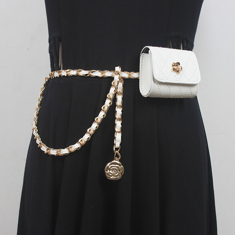 Mini Lipstick Key Flap Fanny Packs White Sier Leather Lattice Waist Belt WIth Small Coin PU Chain Chest Bag Women