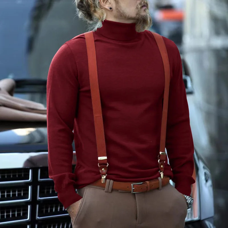 Mens Wine Red Turtleneck Sweater Autumn Winter Cotton Half Casual Solid Color Bottoming Hombre 241111