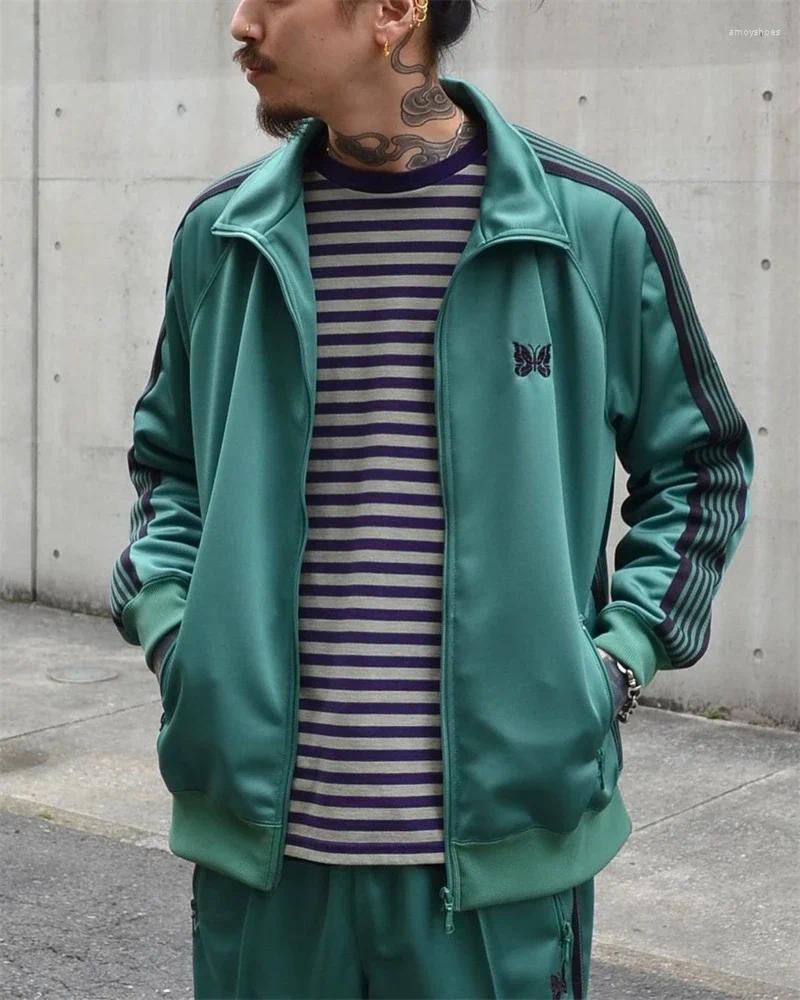Men's Jackets 23SS Style Purple Stripe Needles Green Jacket Men Women Coats Butterfly Embroidery AWGE Outerwear