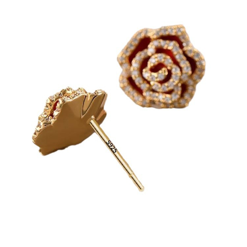 Charm Rose Flower Stud Earrings Jewelry 18K Gold Plated S925 Needle Jewelry