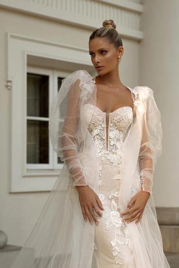 Vintage Mermaid Wedding Embroidered Lace On Net With A-e or Length Slim-e O-neck Sleeveless Bride Dress Button