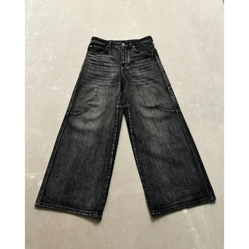 Street washed retro bagged jeans for men gothic hip-hop personality Harajuku fashion black straight pants Y2K wide leg unisex style 241108