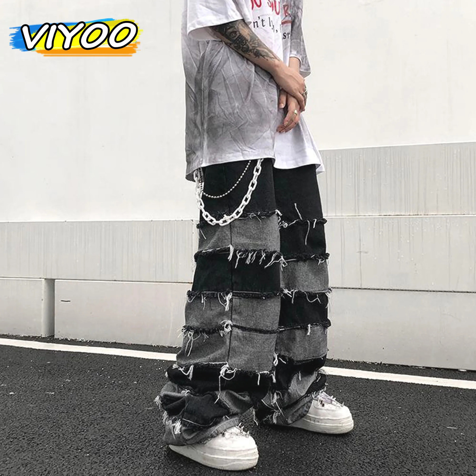 Mens oversized retro patch work style hip-hop wide leg denim pants with torn pockets Distressed jeans Y2K Grunge mens streetwear 241108