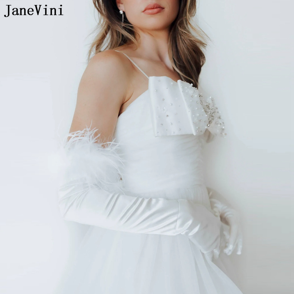 JaneVini 2023 White Feathers Long Bridal Gloves Women Satin 55cm Long Bride Wedding Gloves Arm Length Lange Handschoenen Dames