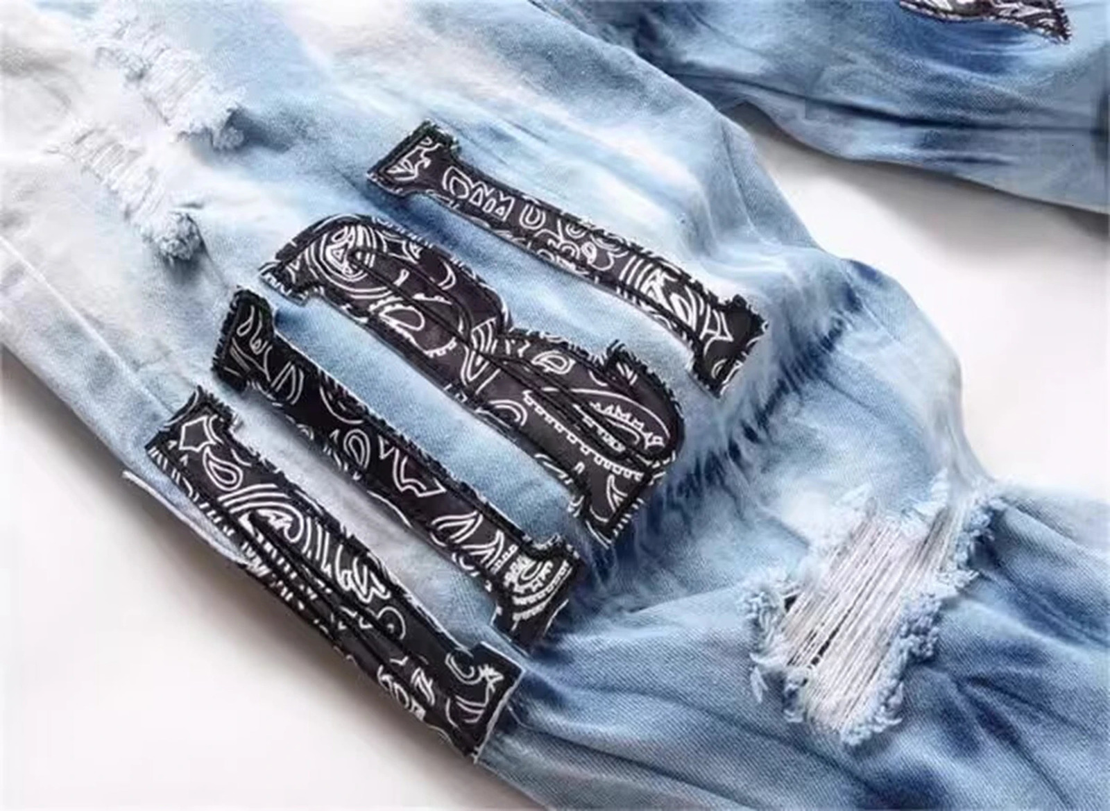 Y2K celebrity embroidered ripped jeans tie dyed light blue cotton stretch streetwear fashion mens tight denim pants 241108