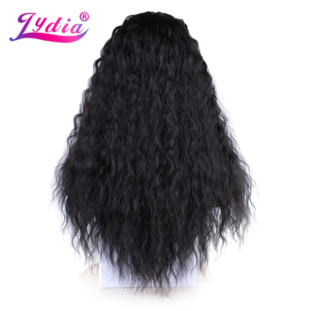 Lydia Long Kinky Curly Synthetic Hair Skin Topper Wig For African American Women Water Wavy Black 20Inch High Temperature