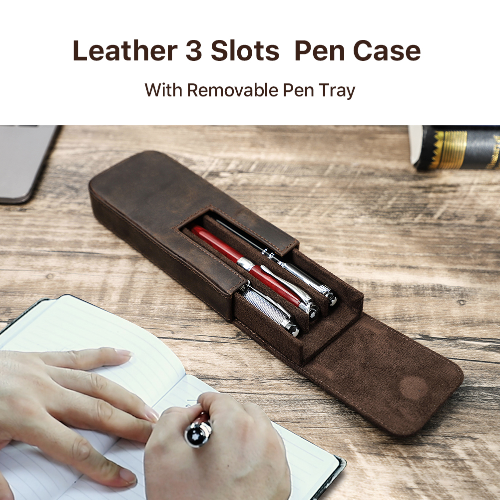 Crazy Horse Leather Pen Case 3 Slots Magnetic Button Pencil Cases School Bag Pen Pouch Box Office Stationery Vintage Style