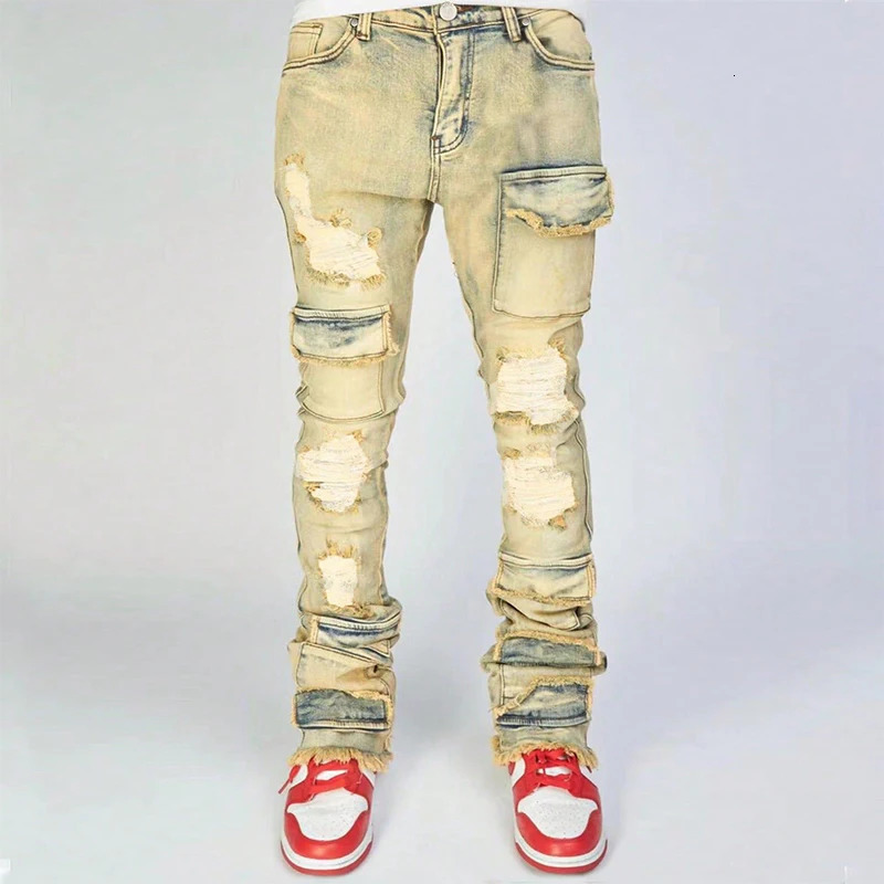 Y2K Mens Jeans Streetwear Spring Fall Vintage Ripped Patchwork Pockets Cargo Jean Men Stylish Slim Fit Pleated Solid Denim Pants 241111