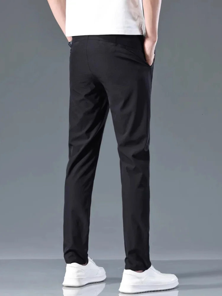 Mens casual pants semi elastic waistband nylon ice silver elastic straight tube light gray business gentleman summer casual 241111