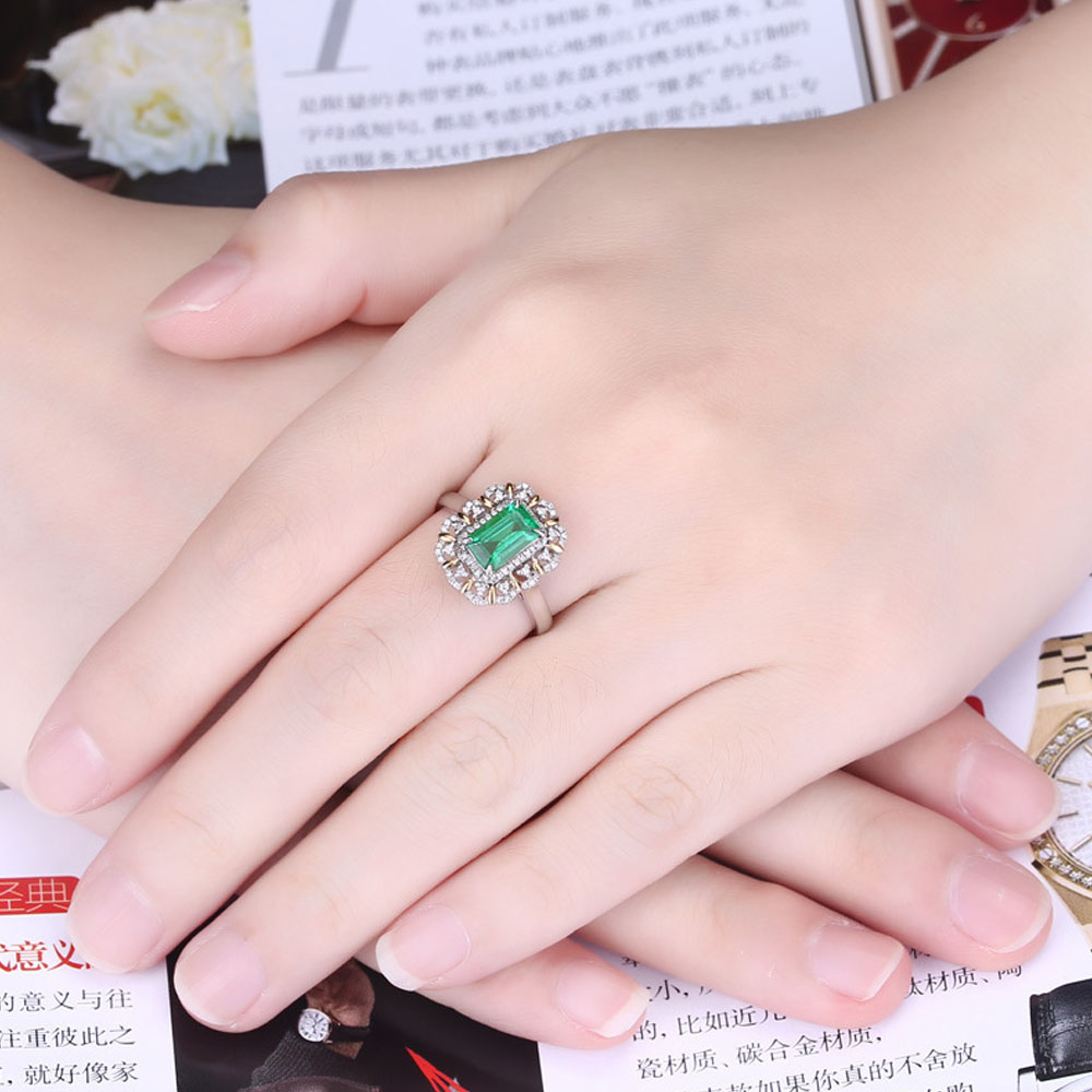 HOYON 925 Sliver color Turquoise Emerald Square Diamond Ring Bague Bizuterias for Women Silver 925 Jewelry Green Topaz Diamond