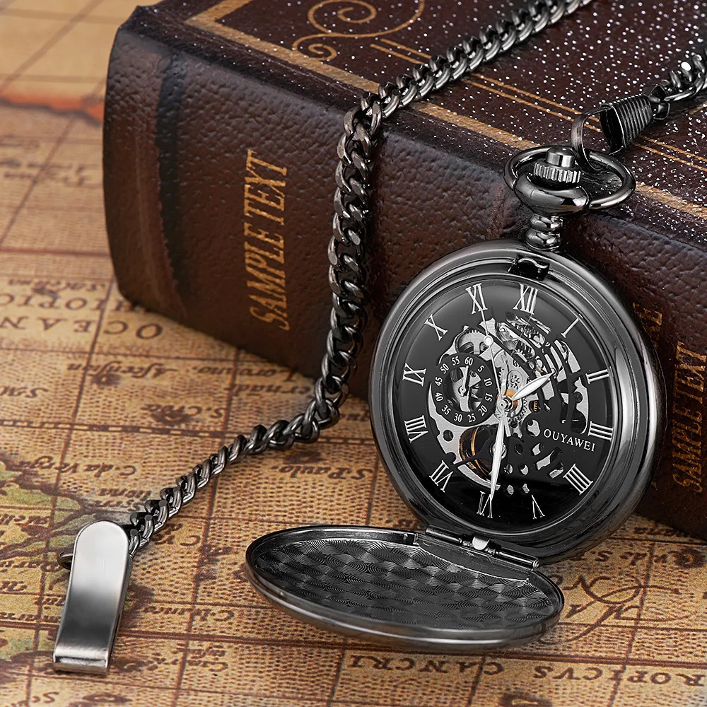 Classic Pocket Watch Mechanical Mens Steampunk Retro Stainless Steel Handwind Fob Watch Silver Gold Black Pendant Watch 241108