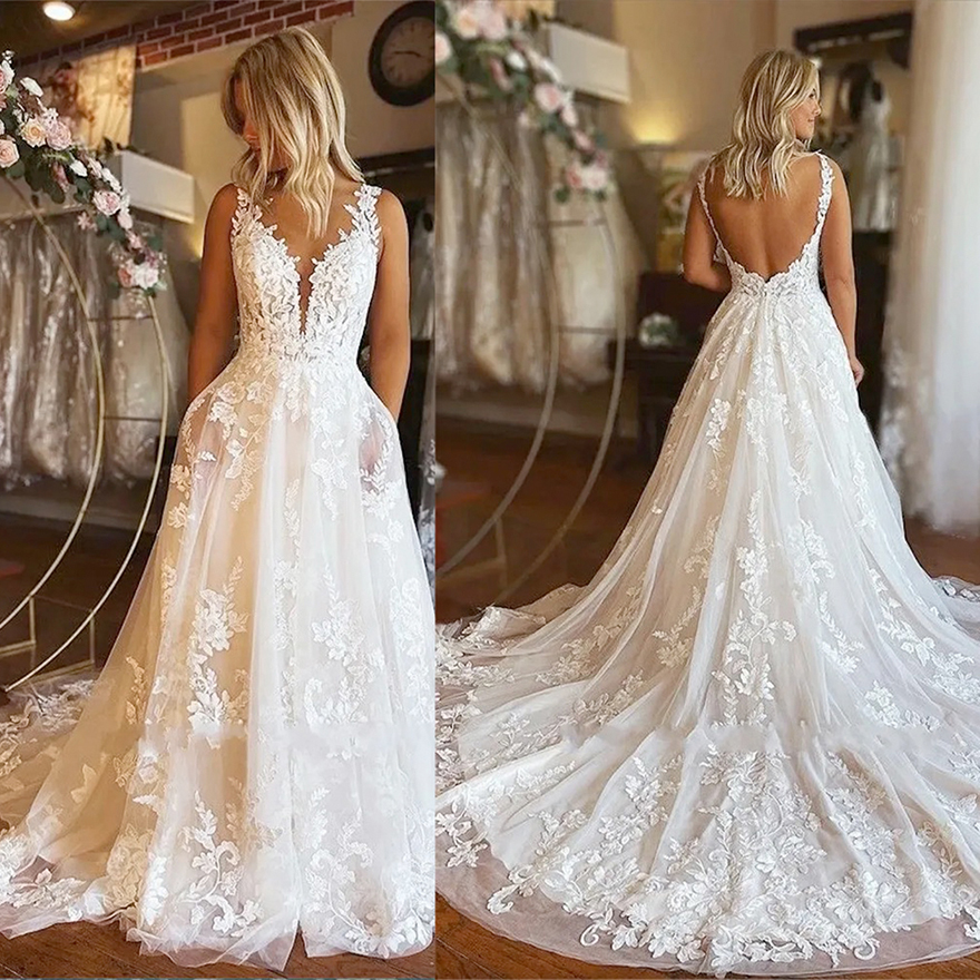 Lace Backless Sexy Wedding Dresses With Pocket A Line V Neck Appliques Tulle Summer Boho Bridal Gowns Plus Size BC ppliques