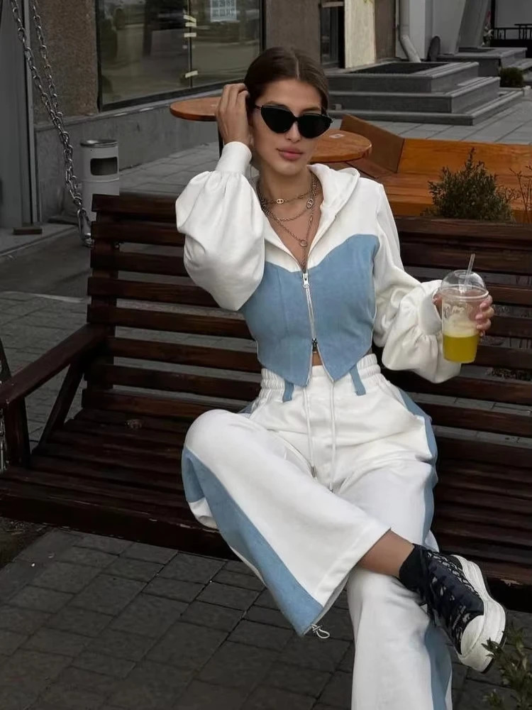 Fashion Patchwork Denim 2 Piece Sets Women Outfit Slim Hoodies Crop Top Wide Leg Sweatpants Suit Streetwear Casual Tracksuits 241111