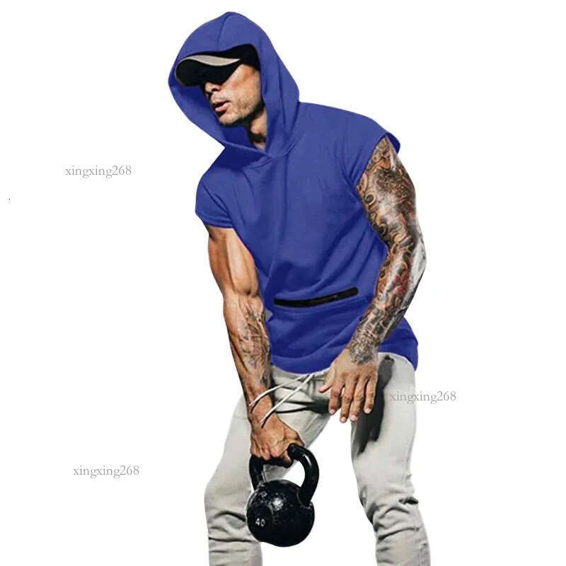 Gyms Clothing Mens Bodybuilding Solid Hooded Tank Top Cotton Sleeveless Vest Sweatshirt Fitness Workout Sportswear Tops Male Men's T-Shirts