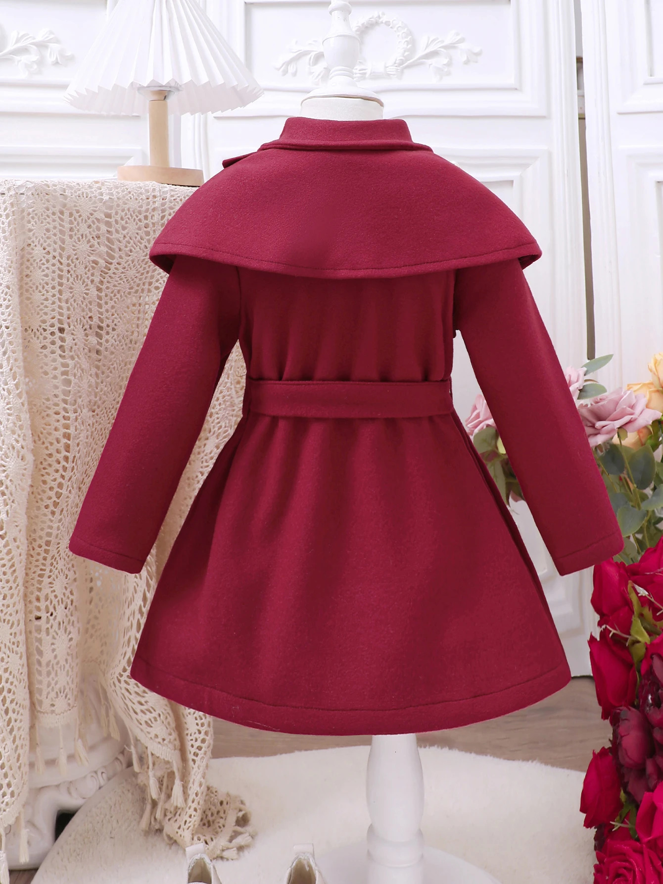 Girls Autumn/Winter Fashion Lace Up Cloak Flip Collar Red Fleece Coat 241111