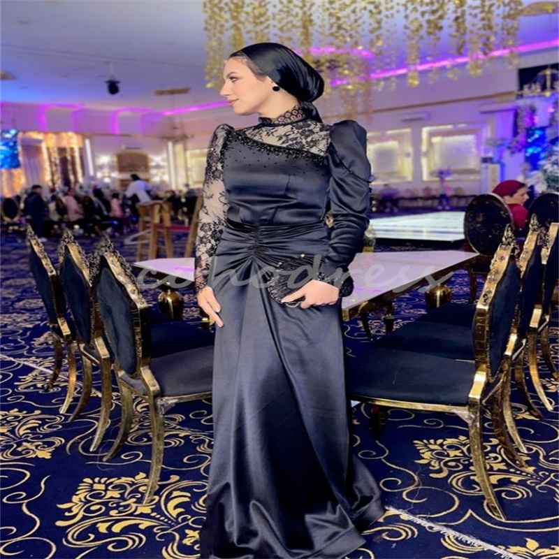 Elegant Arabic Black Evening Dress With Lace High Neck Long Sleeve Mermaid Prom Dresses Dubai Special Occasion Party Gowns Vestio De Fiesta 2025