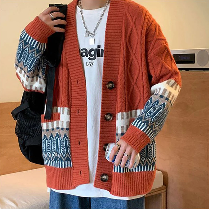 Men Trendy Contrast Color Casual Streetwear Single Breasted Sweater Cardigan Y2K Youth V Neck Long Sleeve Oversize Knitted Tops 241111